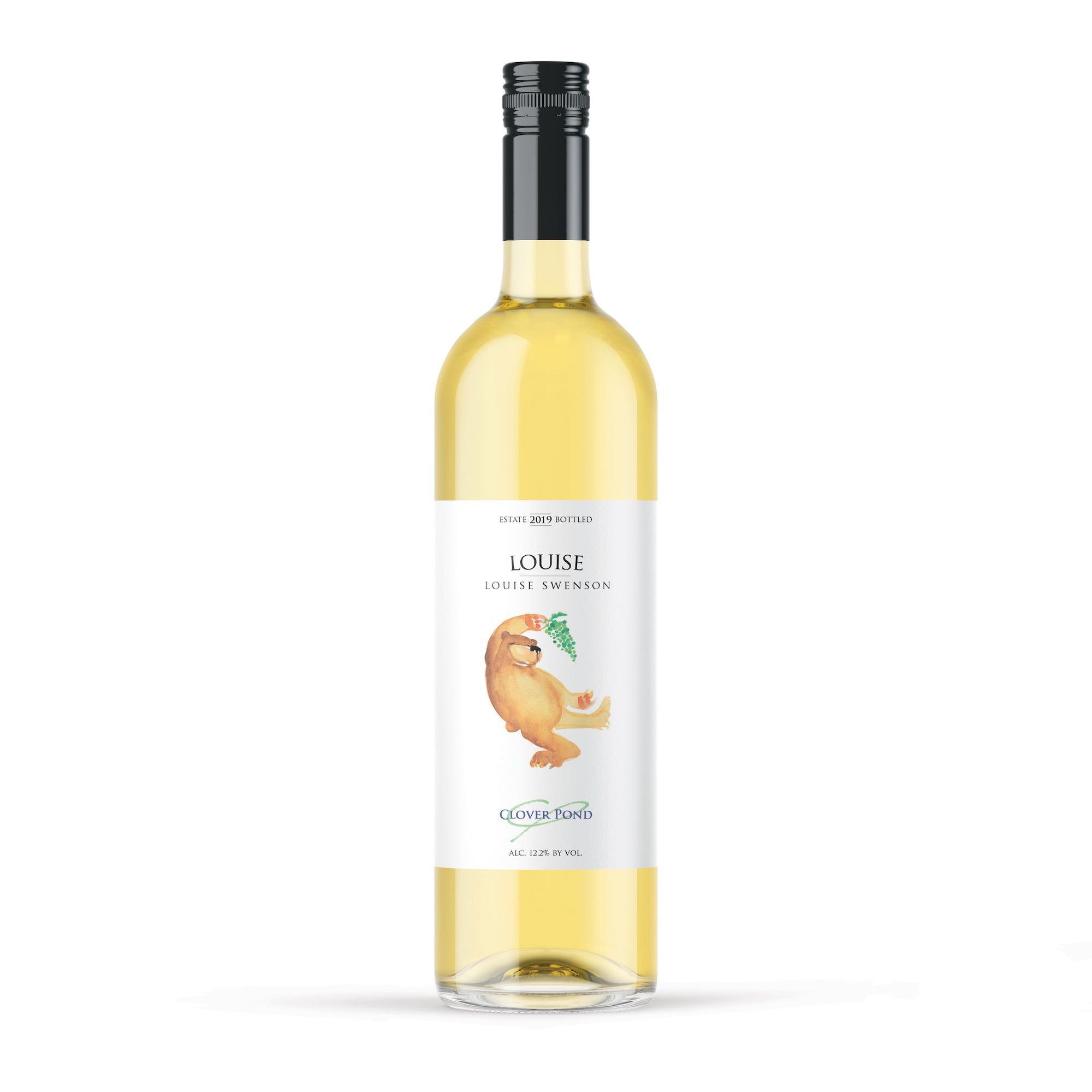 Bottle of a wine variety called Louise with an illustration of a dancing bear