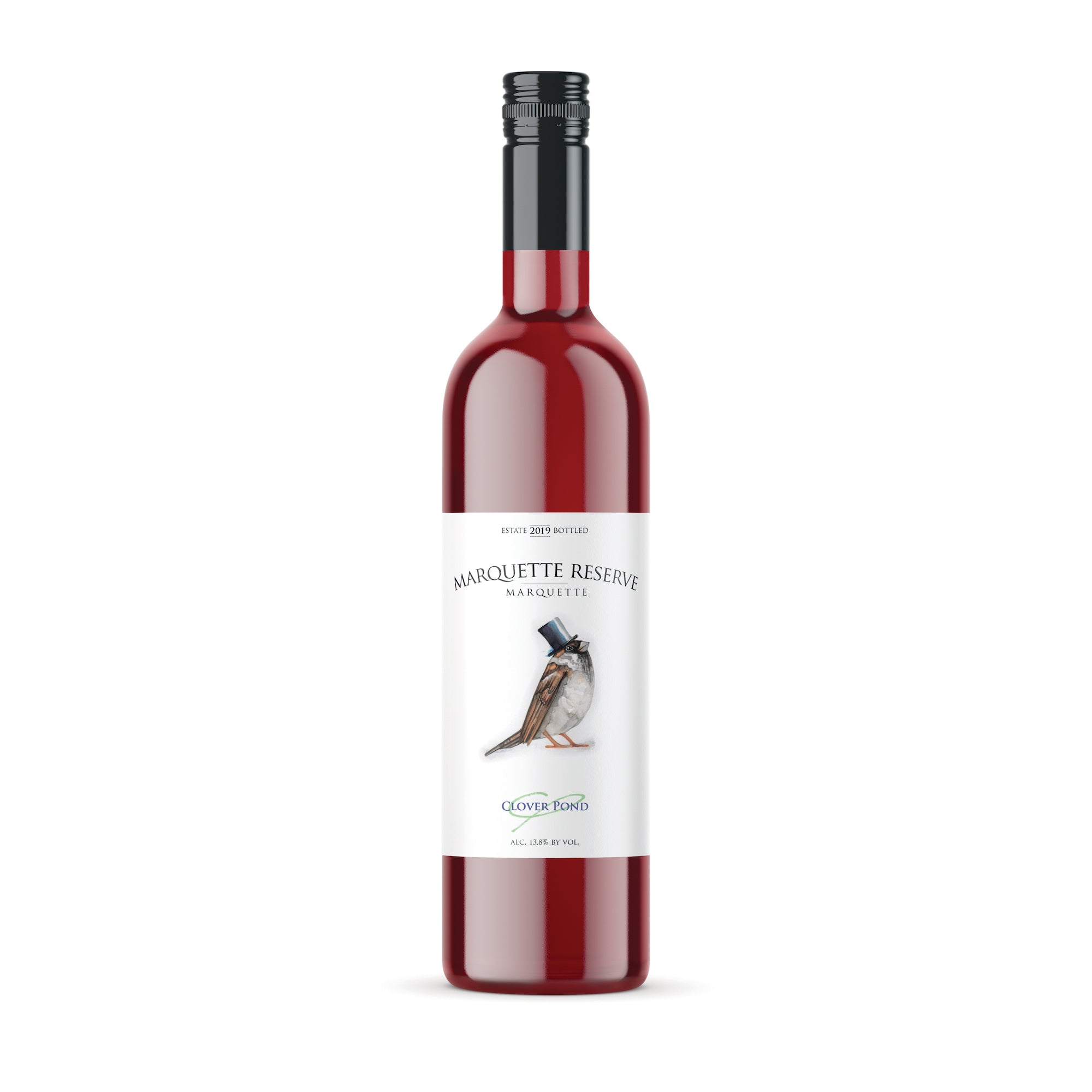 Bottle of a wine variety called Marquette Reserve with illustration of a bird with a top hat