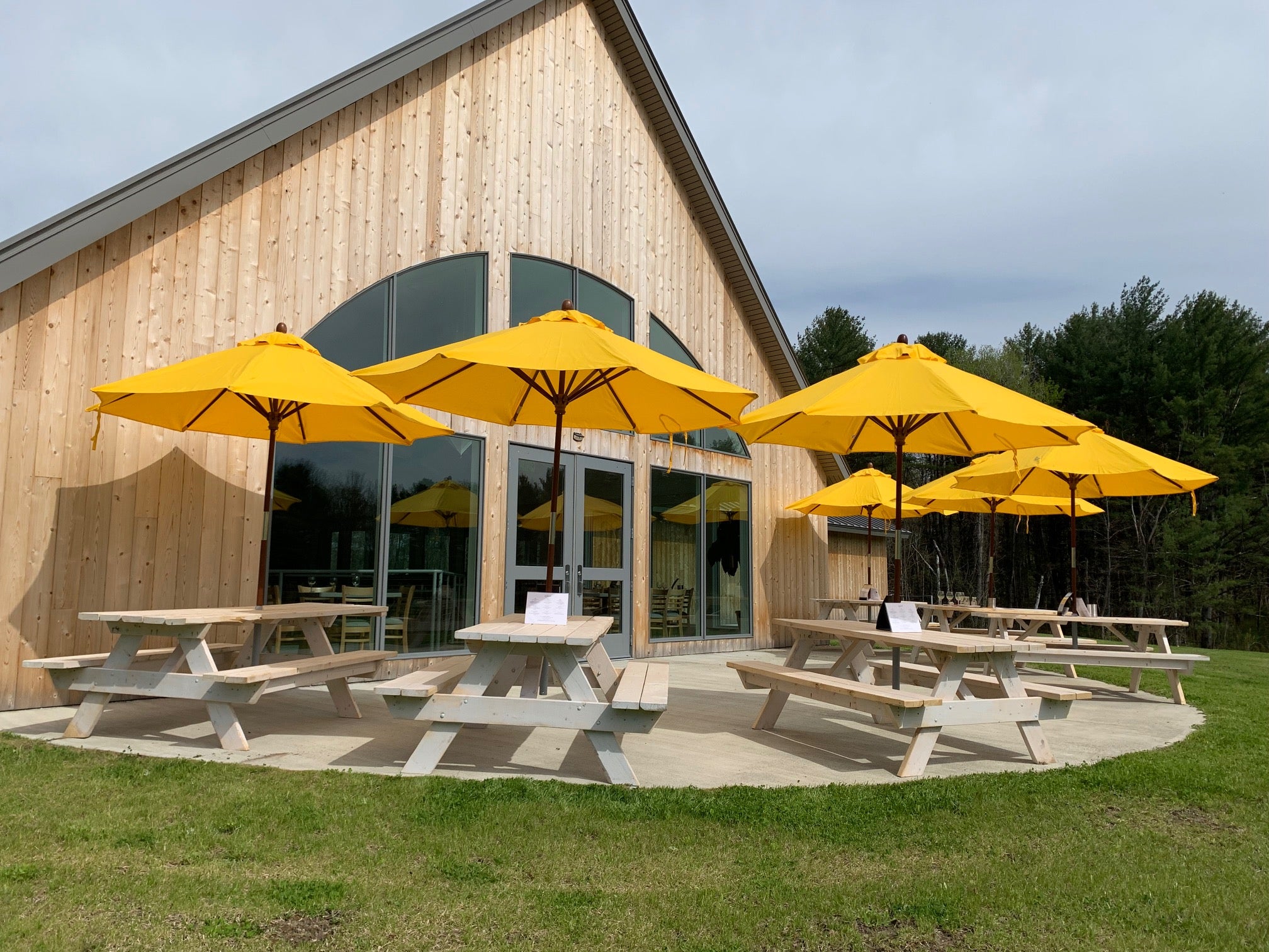 Photo of the outside patio with bright yellow umbrellas and picnic tables on a sunny day