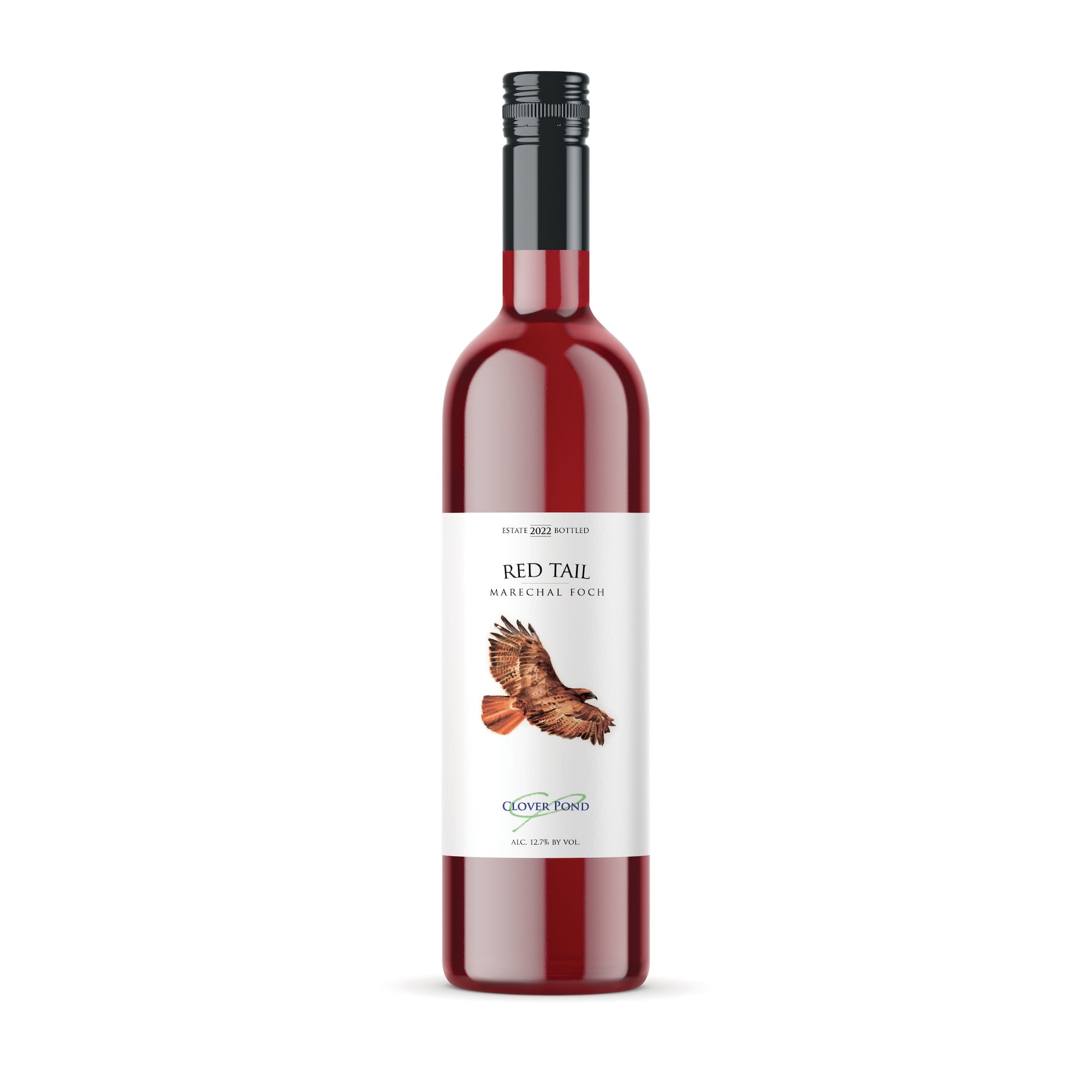 Bottle of a wine variety called Red Tail with illustration of a hawk