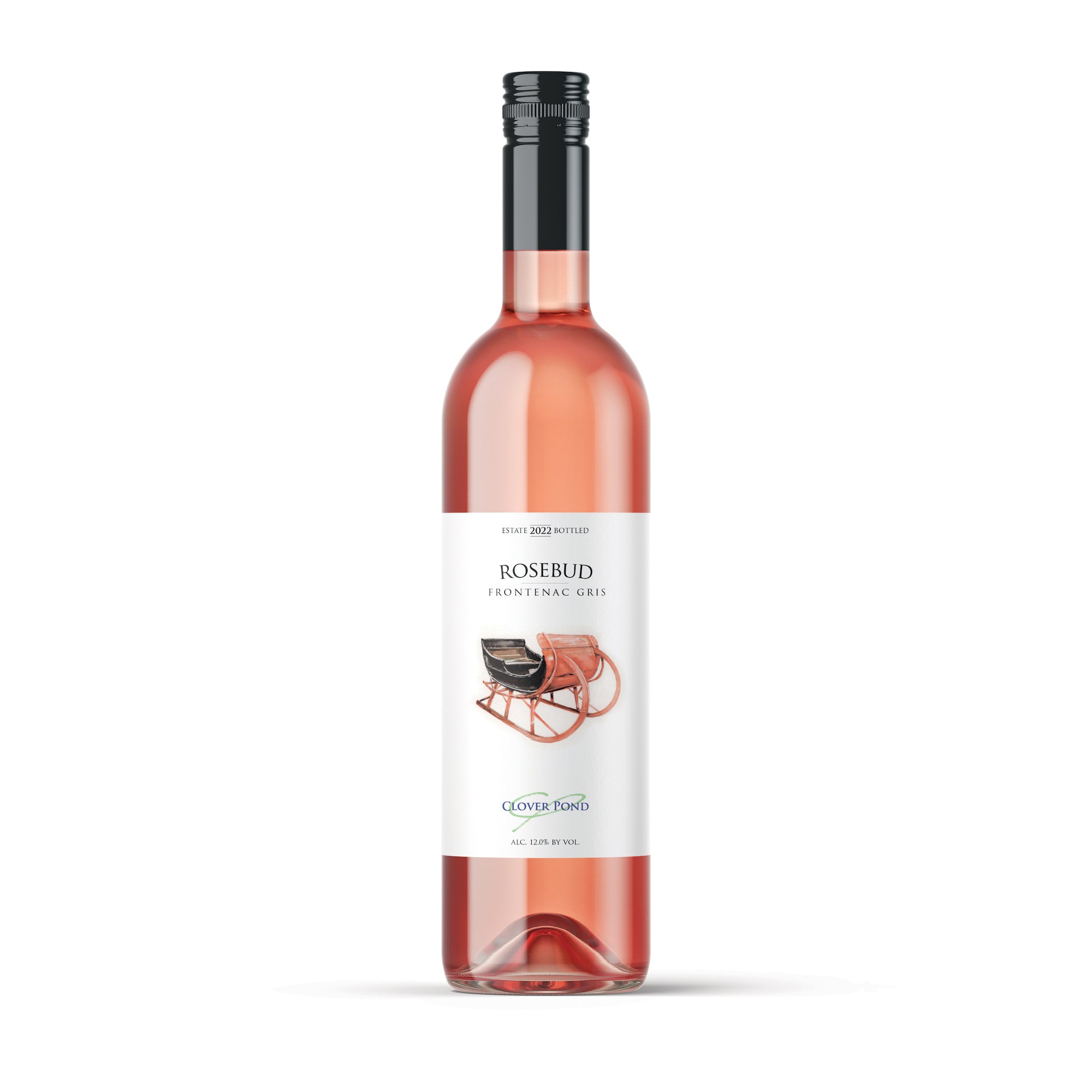 Bottle of wine variety called Rosebud with illustration of an old-fashioned sled