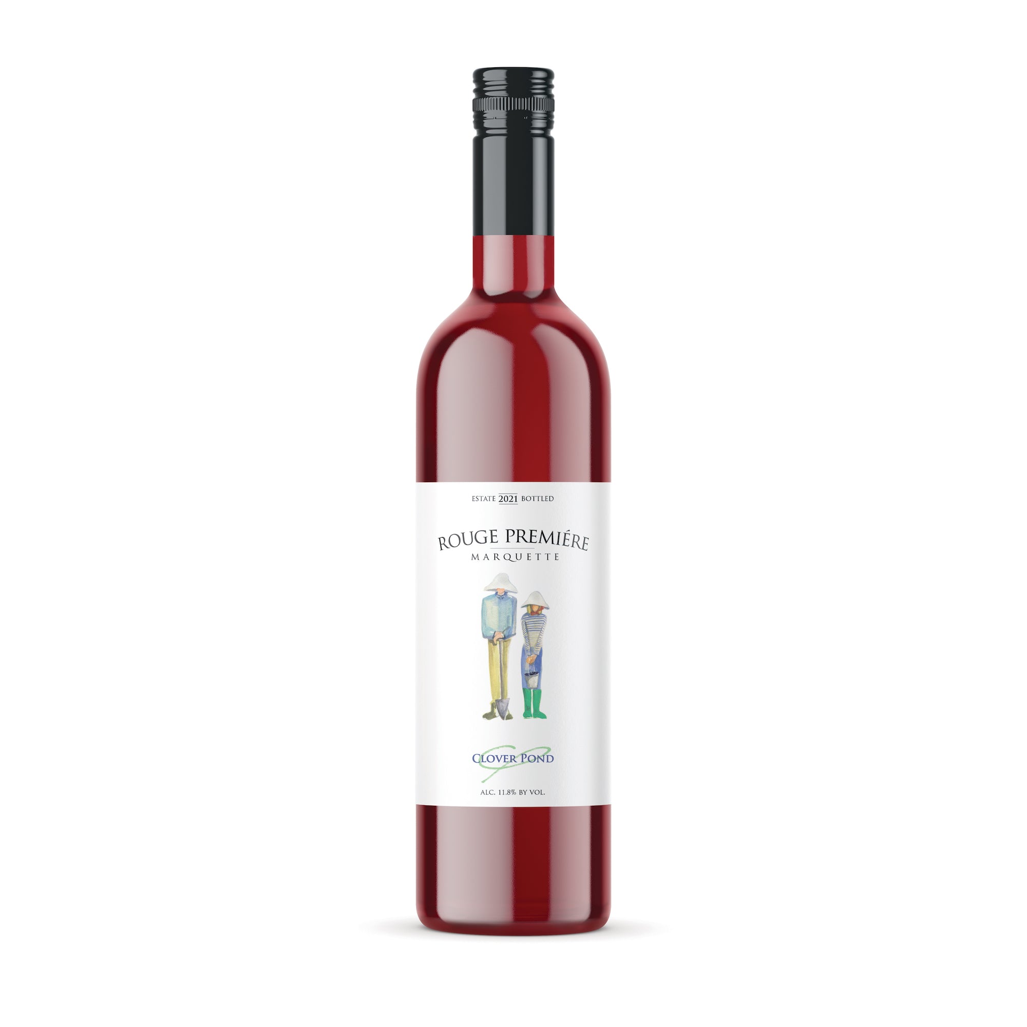 Bottle of a wine variety called Rouge Premiere with illustration of two farmers on label