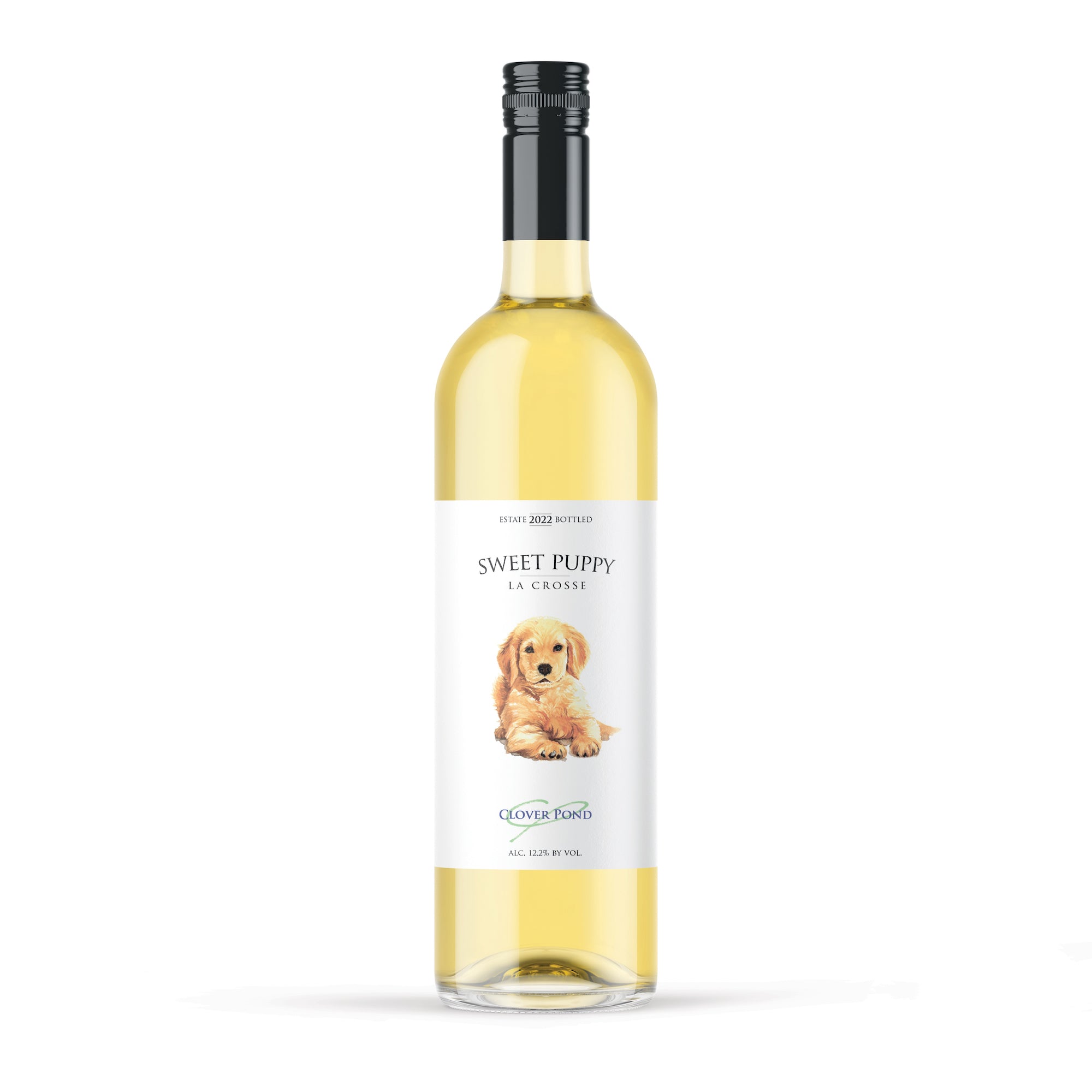 Bottle of wine variety called Sweet Puppy with illustration of a puppy dog